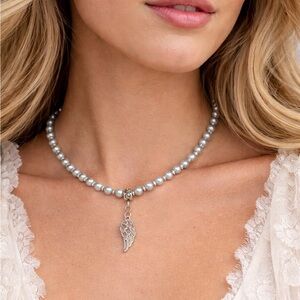 Hand Crafted Light Blue Pearl Memorial Necklace with Angel Wing Charm